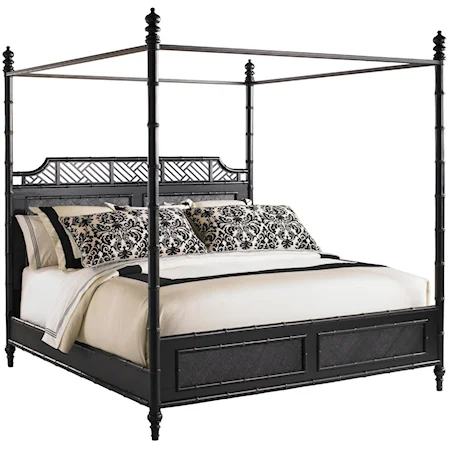 Queen-Size West Indies Canopy Bed with Chippendale Lattice Design & Split Rattan Panels